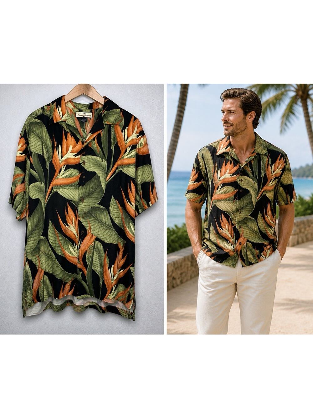 Tommy Bahama Hawaiian Shirt Men's L Black Silk Paradise Relax Button Vacation